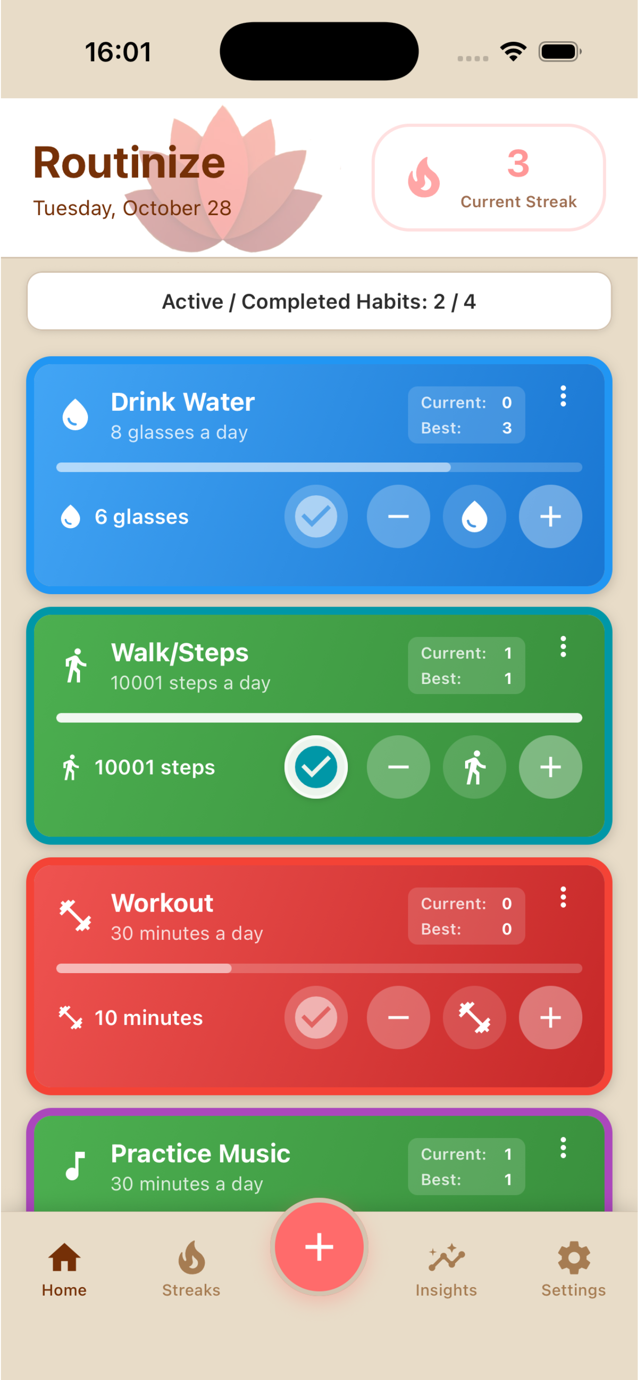 Routinize Home Screen - Track your daily habits